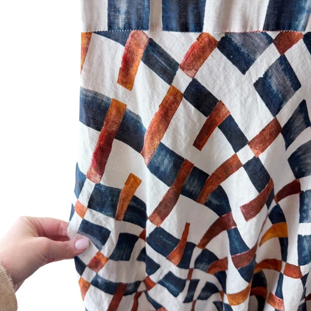 FOIL Linen Midi Dress Womens 6 Abstract Geometric Brushstroke‎ V-Neck Pockets